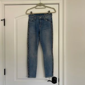 7 for all mankind, skinny jean with beaded fringe on sides. Size 27